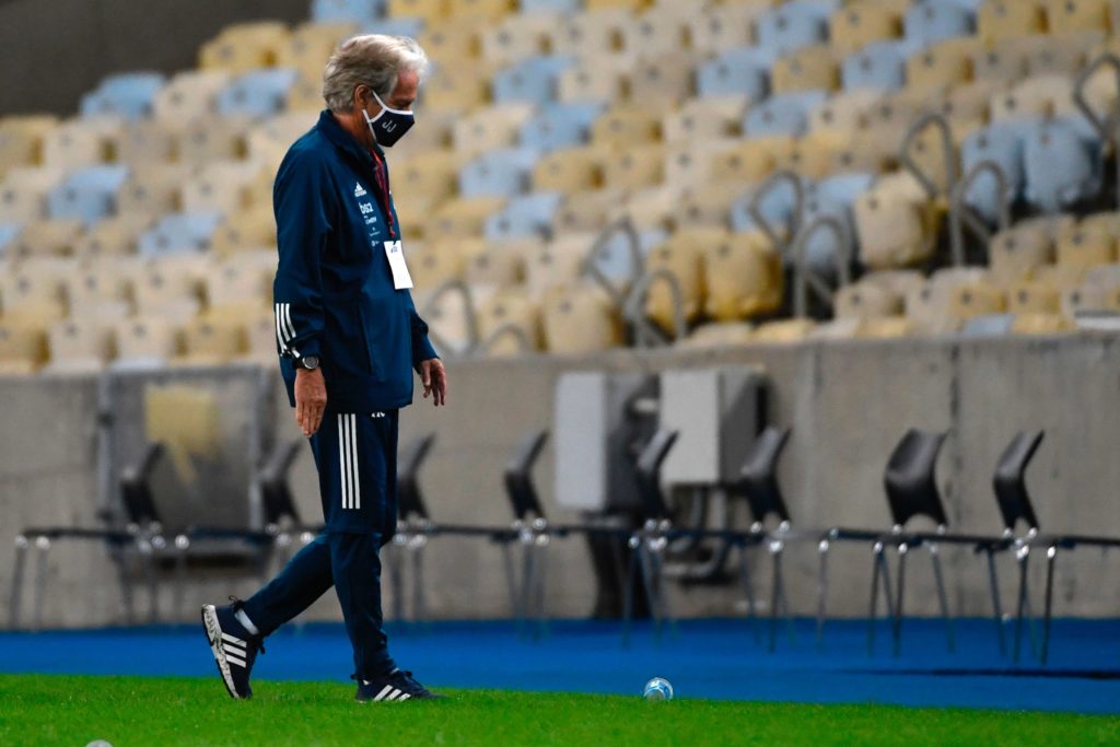 Flamengo team coach Jorge Jesus leaves the pitch after a Carioca Championship 2020 football match against Bangu at the Maracana stadium, in Rio de Janeiro, Brazil, on June 18, 2020, which is played behind closed doors as the city gradually eases its social distancing measures aimed at curbing the spread of the COVID-19 coronavirus. (Photo by MAURO PIMENTEL / AFP) (Photo by MAURO PIMENTEL/AFP via Getty Images)