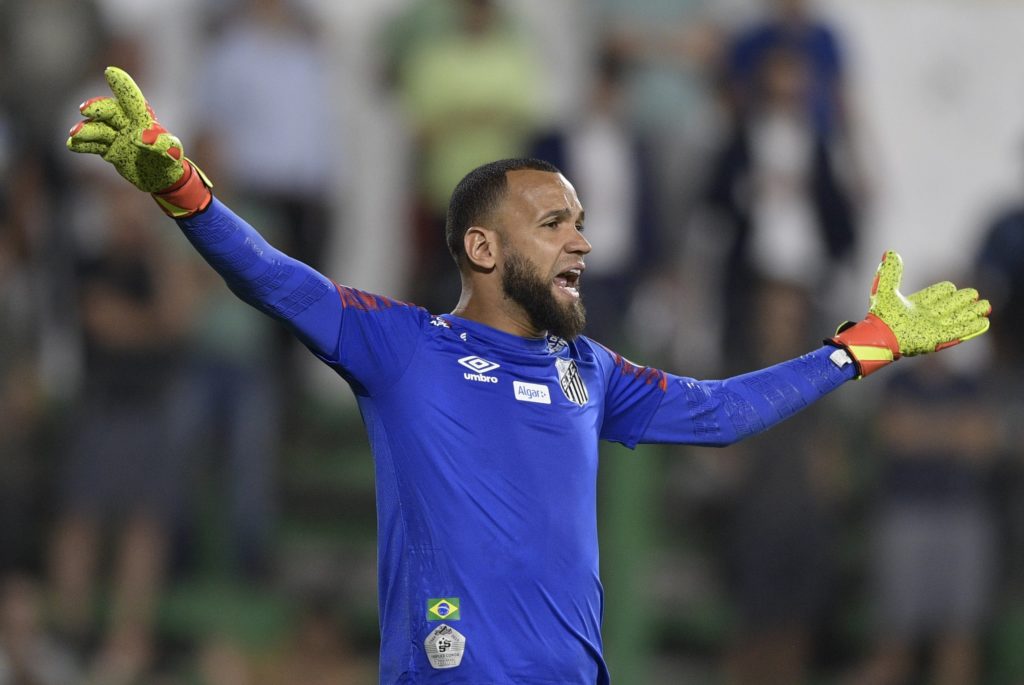 Brazil's Santos goalkeeper Everson gestures during the Copa Libertadores group G football match against against Argentina's Defensa y Justicia at Norberto Tomaghello stadium in Florencio Varela, Buenos Aires, Argentina on March 3, 2020. (Photo by JUAN MABROMATA / AFP) (Photo by JUAN MABROMATA/AFP via Getty Images)