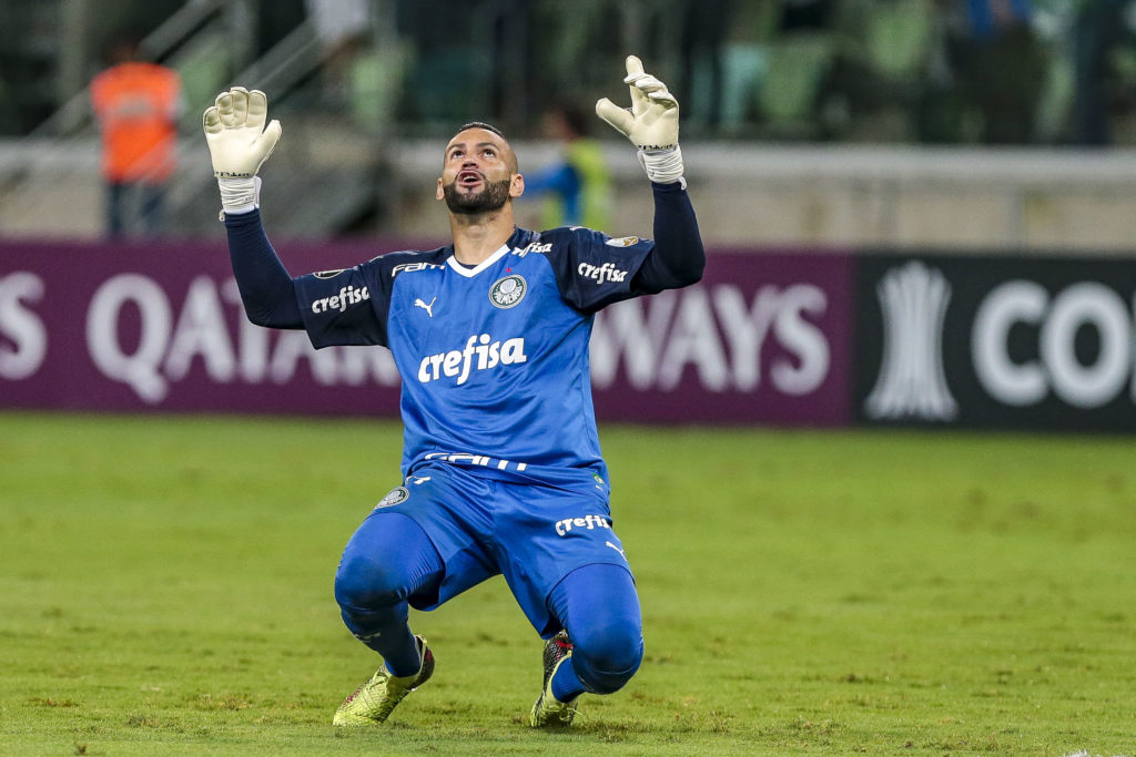 SAO PAULO, BRAZIL - APRIL 10: Weverton of Palmeiras celebrates a goal scored by his teammate Deyverson (not in frame) during the match between Palmeiras and Junior Barranquilla as part of  Copa CONMEBOL Libertadores 2019 at Allianz Parque Stadium on April 10 in Sao Paulo, Brazil. (Photo by Ale Cabral/Getty Images)