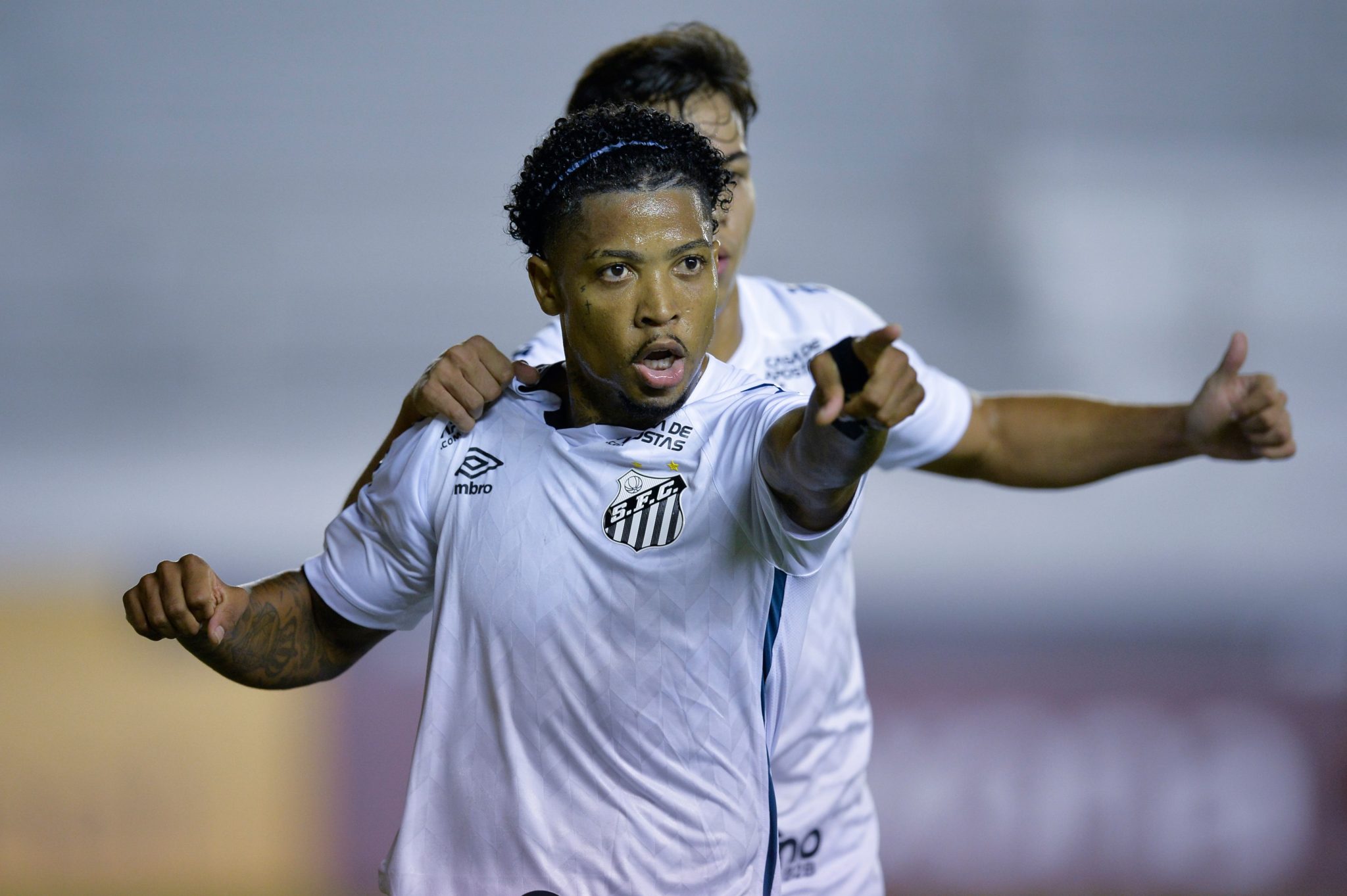 Brazil's Santos Marinho celebrates after scoring against Ecuador's Delfin during their closed-door Copa Libertadores group phase football match at the Jocay Stadium in Manta, Ecuador, on September 24, 2020, amid the COVID-19 novel coronavirus pandemic. (Photo by Rodrigo BUENDIA / AFP) (Photo by RODRIGO BUENDIA/AFP via Getty Images)