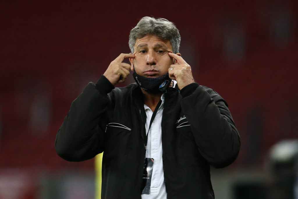 PORTO ALEGRE, BRAZIL - SEPTEMBER 23: Renato Portaluppi head coach of Gremio reacts during a group E match of Copa CONMEBOL Libertadores 2020 between Internacional and Gremio at Beira-Rio Stadium on September 23, 2020 in Porto Alegre, Brazil. All games of the tournament are played behind closed doors to avoid spread of COVID-19.  (Photo by Diego Vara-Pool/Getty Images)