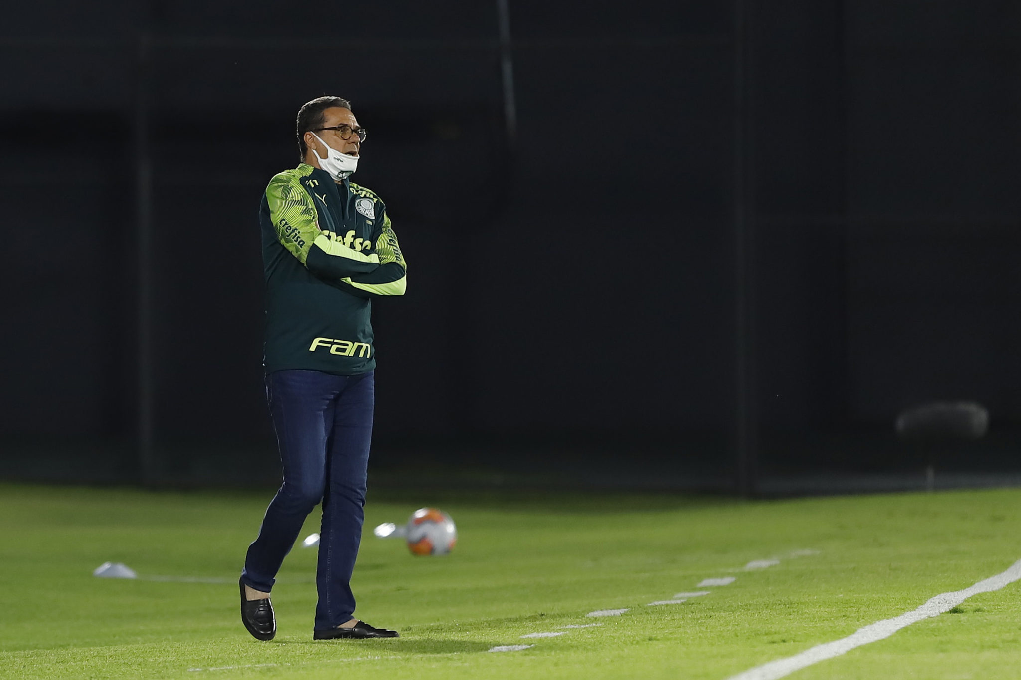 ASUNCION, PARAGUAY - SEPTEMBER 23: Vanderlei Luxemburgo head coach of Palmeiras wearing a protective mask looks on during a group B match of Copa CONMEBOL Libertadores between Guarani and Palmeiras at Defensores del Chaco Stadium on September 23, 2020 in Asuncion, Paraguay. (Photo by Nathalia Aguilar - Pool/Getty Images)