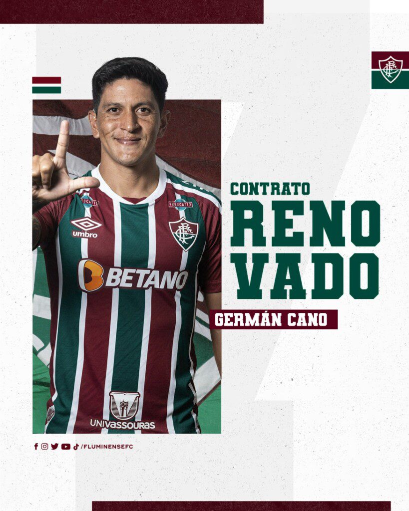 Artilheiro do Campeonato Brasileiro 2022 com 26 gols marcados, o atacante Germán Cano defenderá o Fluminense até o final de 2025